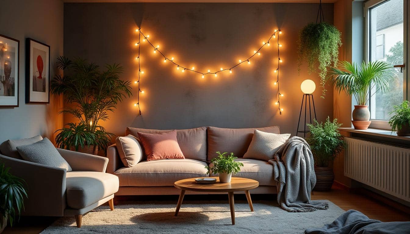 Des idées pour utiliser une guirlande dans la décoration murale du salon